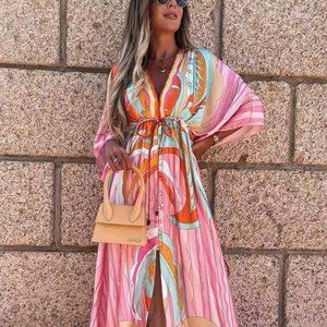 V-neck smocked split floor length dress mod pink